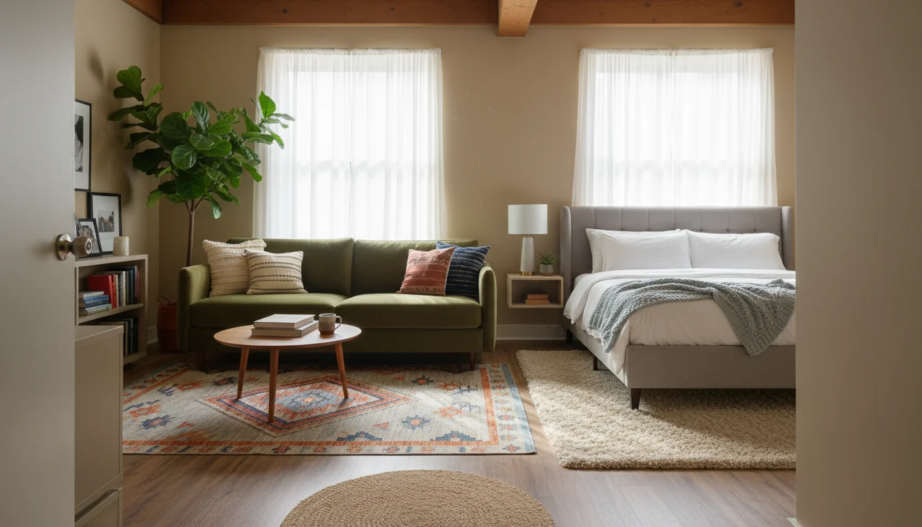 A studio apartment's living and sleeping areas, visually separated by two distinct area rugs. A person reads on a sofa.