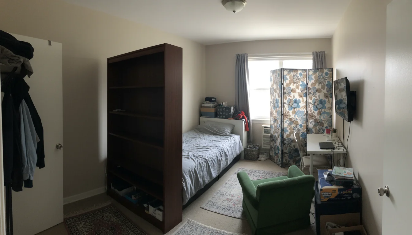 A studio apartment that appears cramped and cluttered, visually fragmented into small, awkward zones by multiple, mismatched room dividers, including 