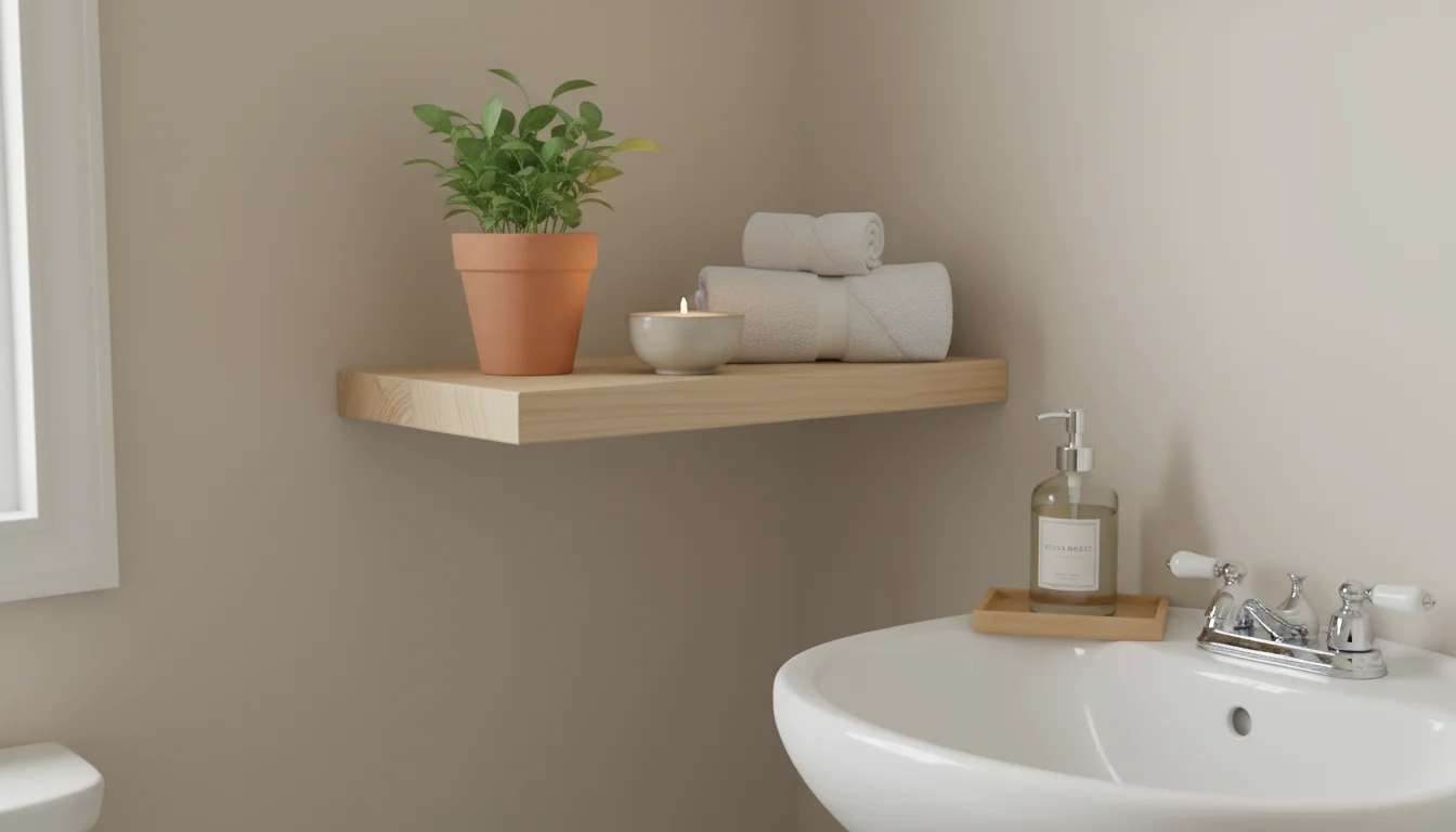 A styled bathroom shelf featuring a small green plant, rolled white towels, a glass soap dispenser on a bamboo tray, and a lit candle.