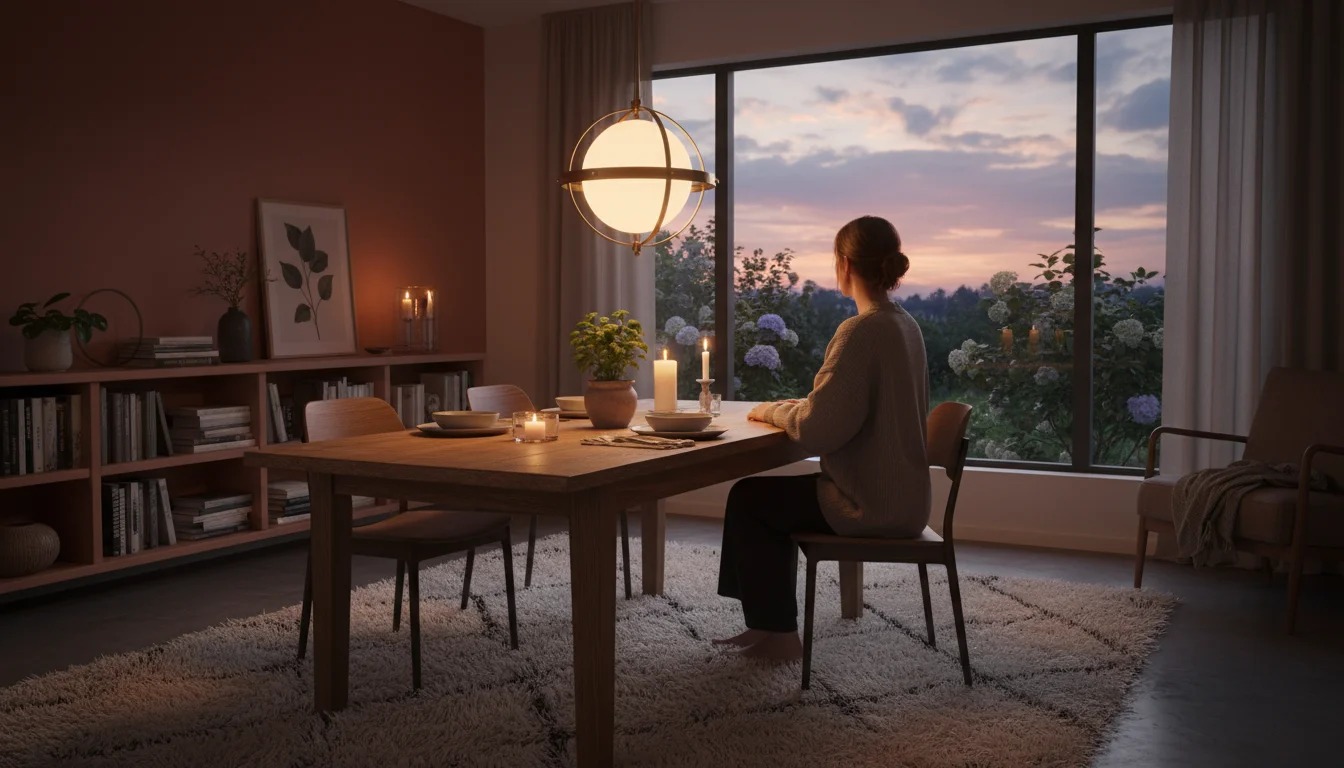 A stylish pendant light illuminates a cozy dining table set with a potted plant and lit candles, creating a warm ambiance.