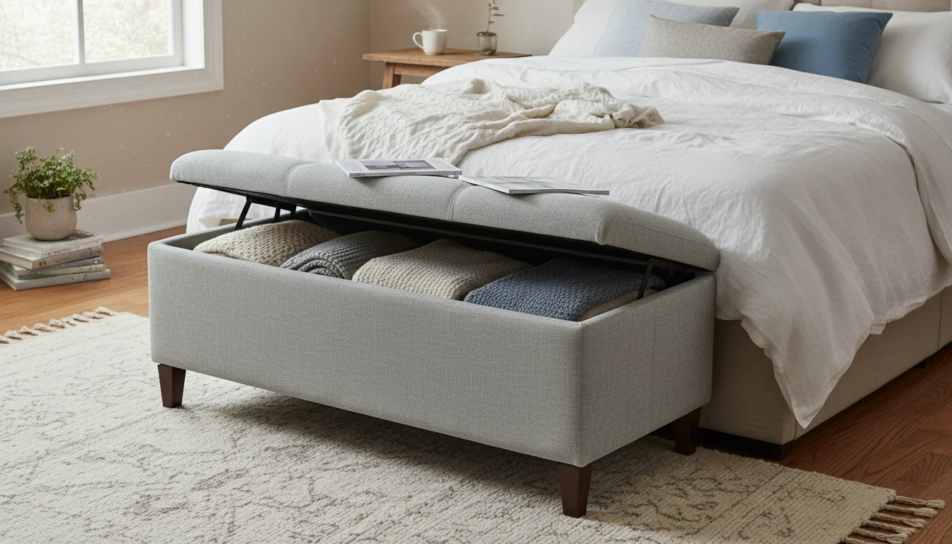 A stylish, upholstered storage bench at the foot of a cozy bed, with one side of its lid open to show neatly folded blankets and magazines inside.
