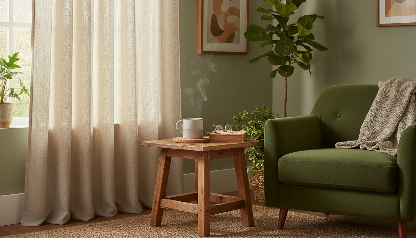 Subtly textured oatmeal linen curtain partially drawn on a window, filtering morning light into a cozy living room with a side table and tea.