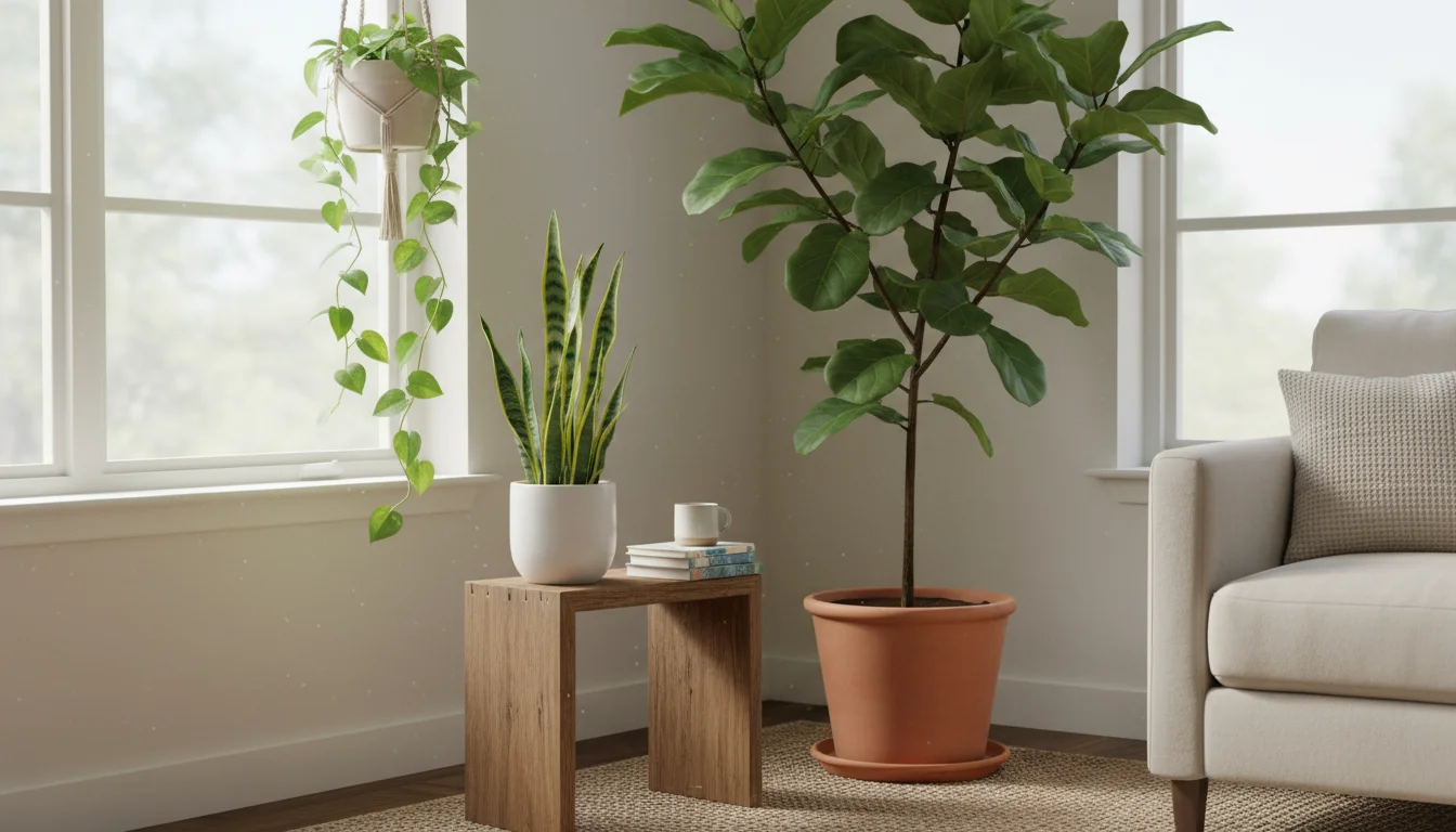 Sun-drenched home corner with diverse houseplants, including fiddle leaf fig, snake plant, and pothos, radiating calm and clean air.