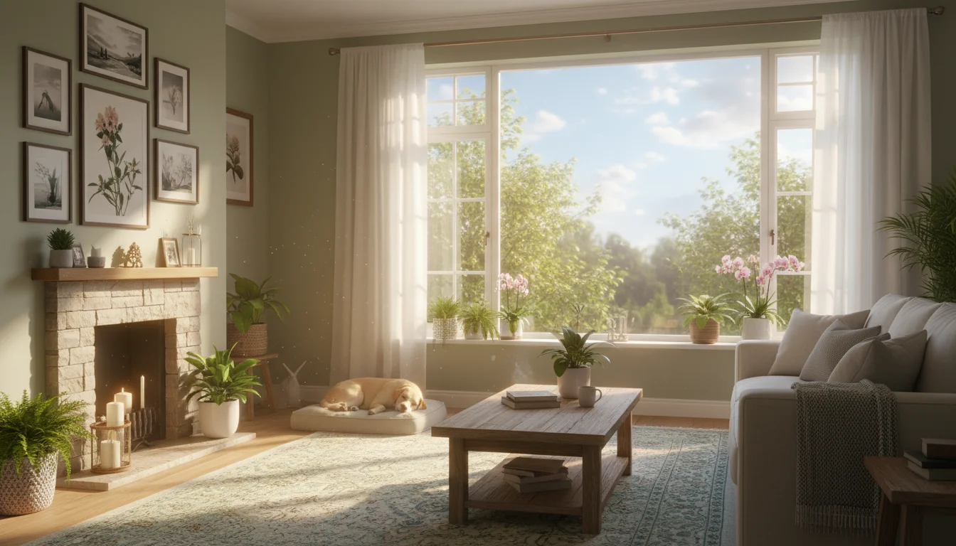 A sun-filled living room with a comfortable armchair, seen through a sparkling clean window that offers a clear view of green trees and blue sky.