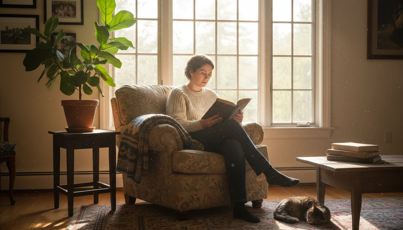 Sunlight illuminates subtle dust motes in a cozy living room where an adult reads a book in an armchair next to a houseplant.
