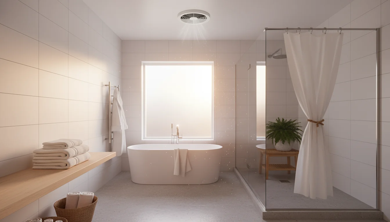 A sunlit bathroom showing an active ceiling exhaust fan, a clean white fabric shower curtain, and a stack of fresh white towels on a shelf.