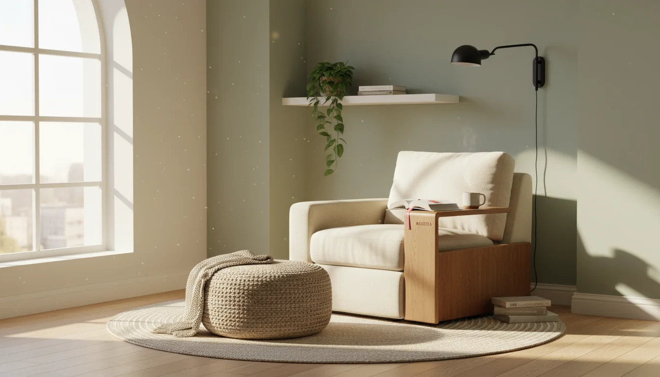 Sunlit, compact reading nook in hallway alcove. Cream armchair, wooden armrest table with book/mug, storage ottoman, floating shelf, wall lamp.