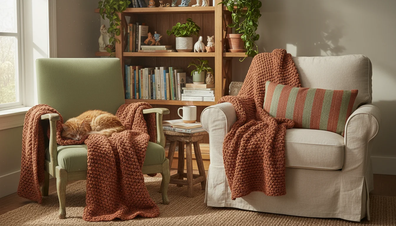 A sunlit cozy corner with a painted sage green wooden chair and a cream upholstered armchair, linked by a terracotta knit throw blanket.