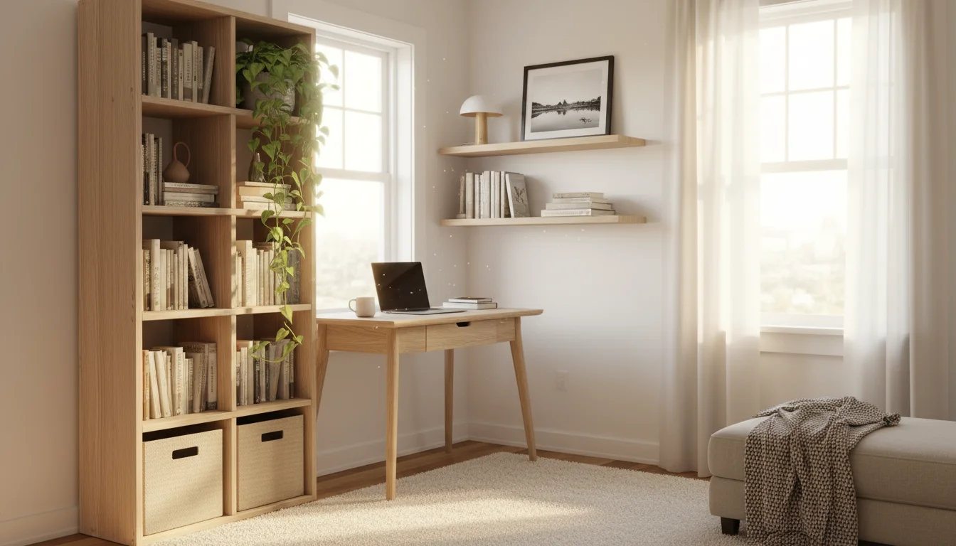 Sunlit, cozy small apartment living room corner with a tall, narrow bookshelf and floating wall shelves maximizing vertical storage.