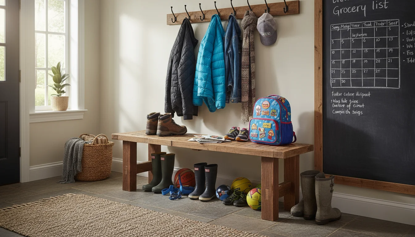 A sunlit entryway with a wooden bench, hooks with coats, a basket, and a parent and child tidying up.