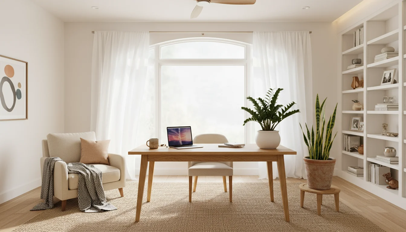 Wide shot of a sunlit home office desk by a window with sheer curtains, featuring snake, ZZ, and Pothos plants.