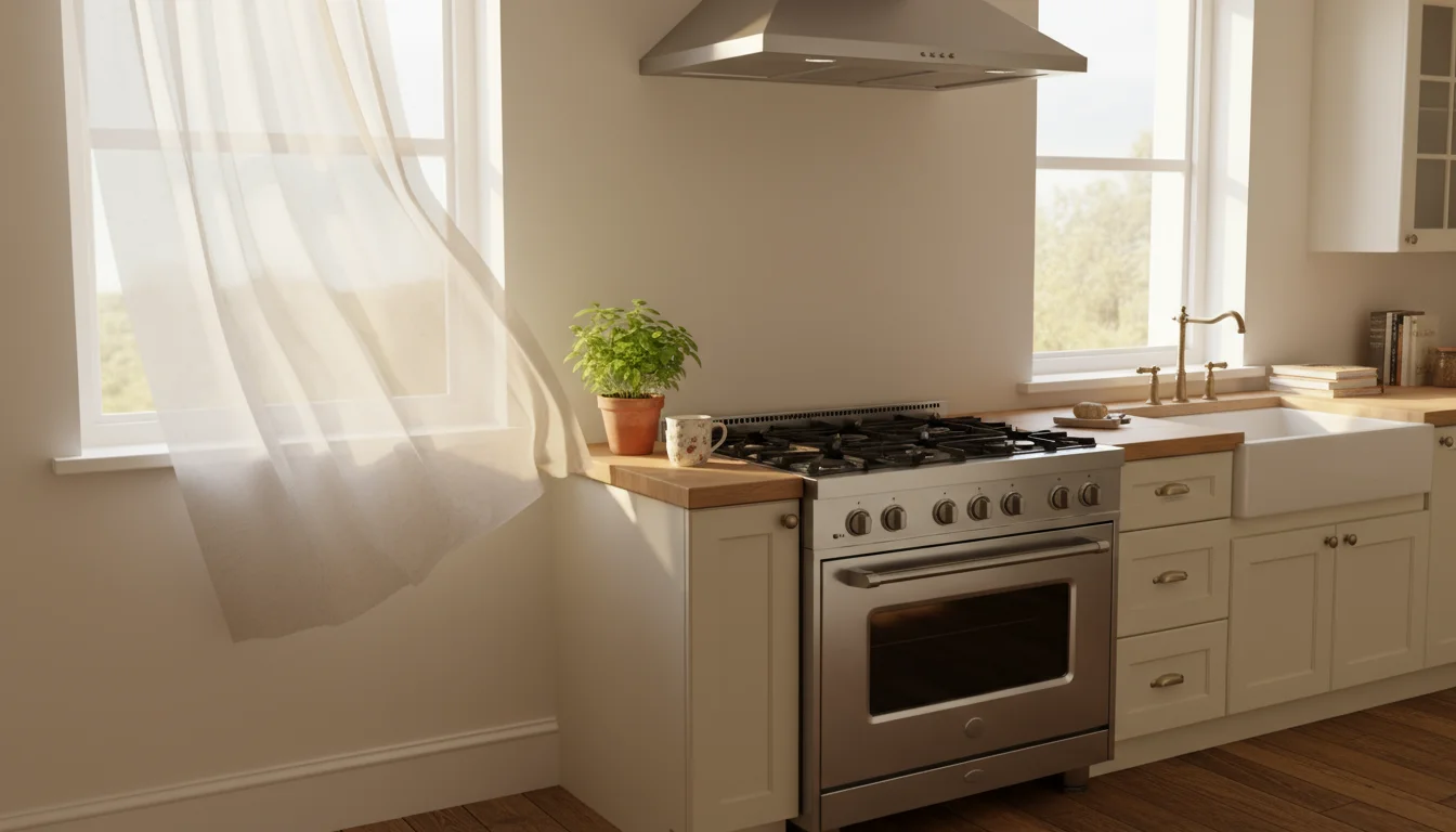 Sunlit kitchen with an open window, sheer curtain, visible exhaust fan, and a potted herb on the windowsill.