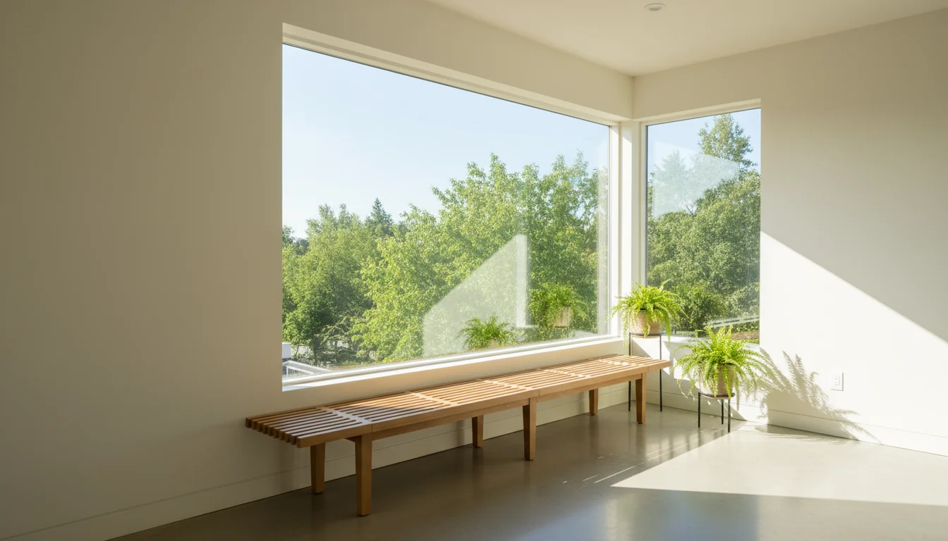 A sunlit living room corner with a large, unobstructed window letting in natural light. A low wooden bench sits below the window.