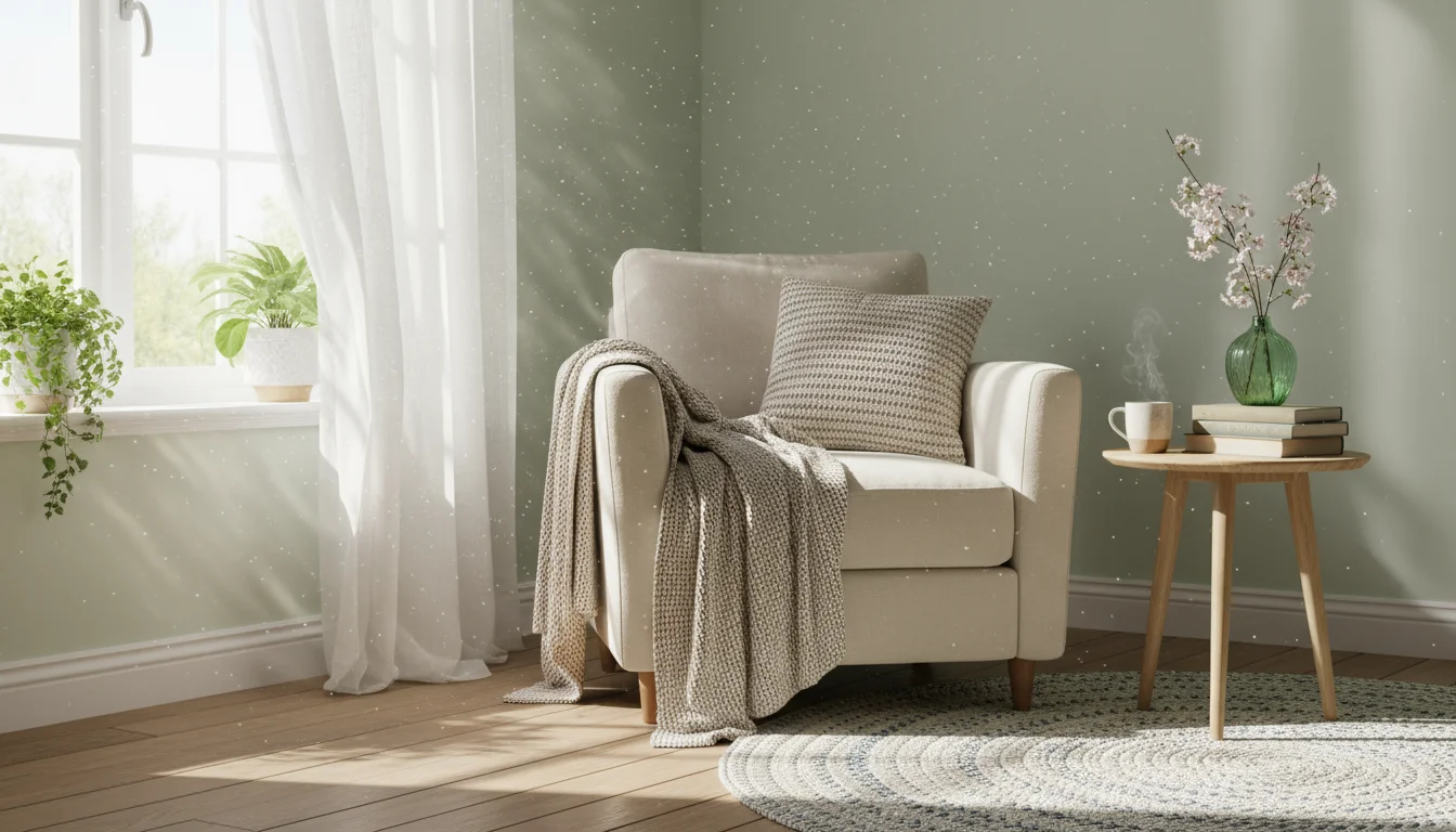 Sunlit living room corner with an open window, dust motes visible in the light, a cozy armchair, and a vibrant houseplant, suggesting a refreshed and