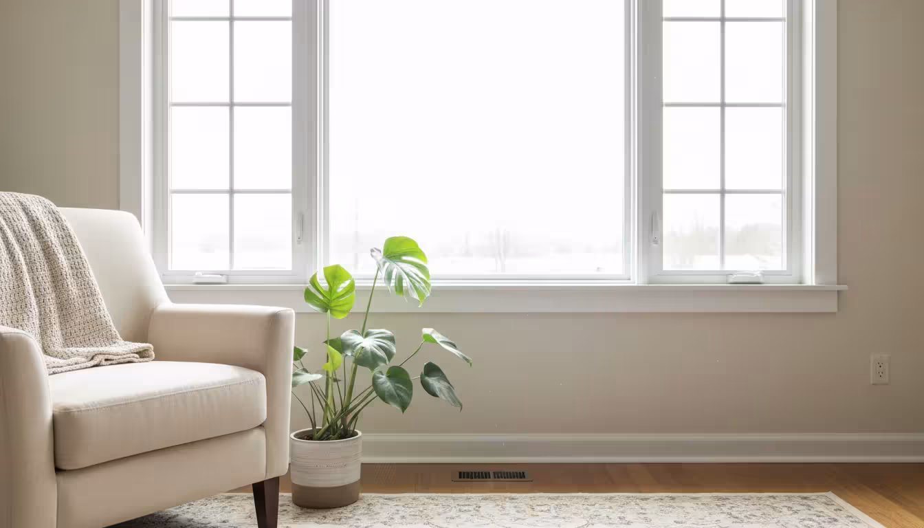 A sunlit living room window with new white trim, a cozy armchair, and a houseplant, creating a finished and inviting look.