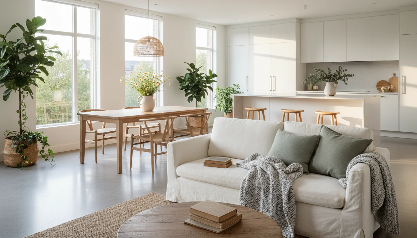 Wide shot of a sunlit open-concept home. A woman places a reusable bag on a dining table, with a living room and kitchen visible.