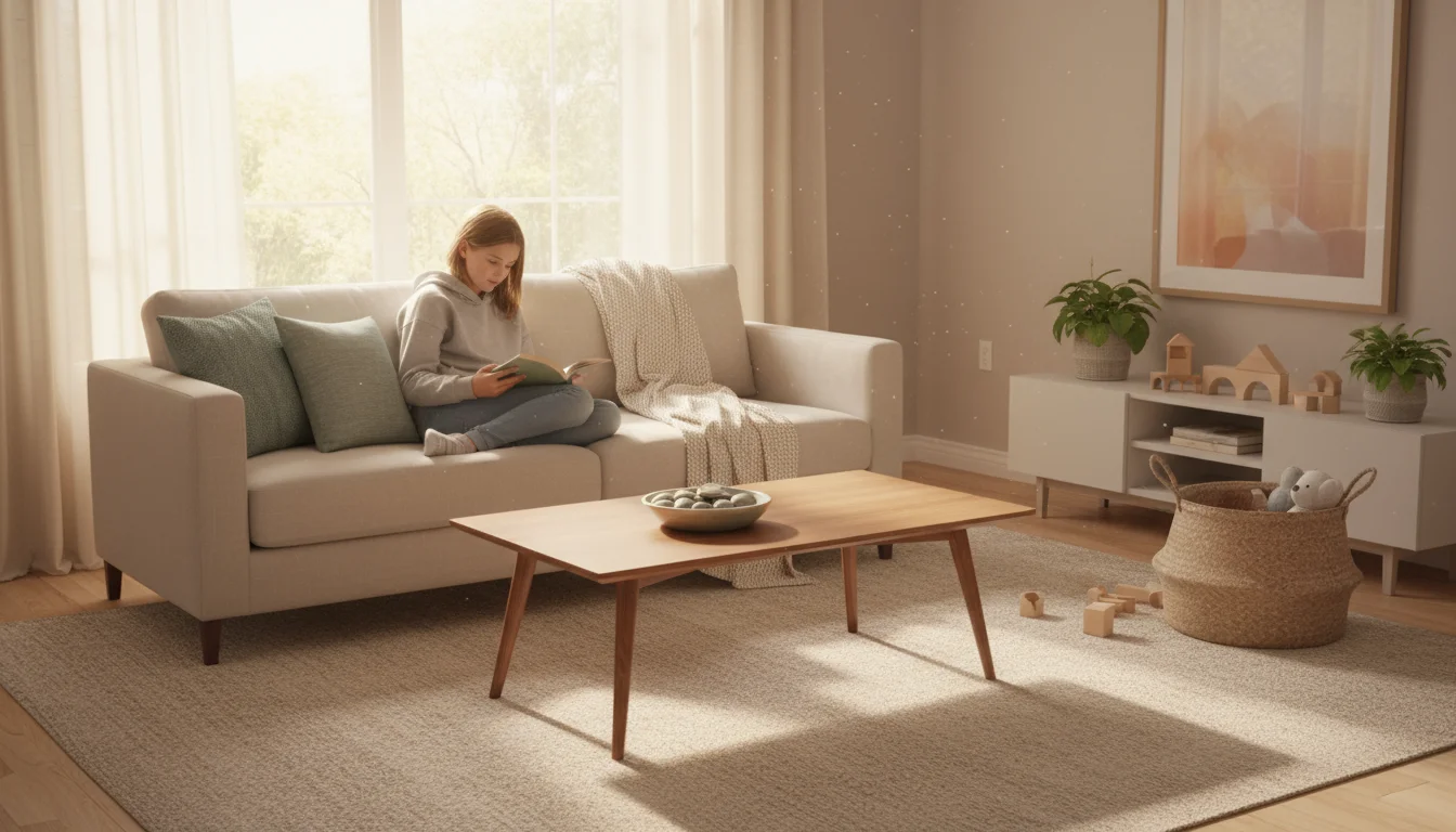 Wide view of a sunlit, organized family living room with a child reading quietly on a sofa.