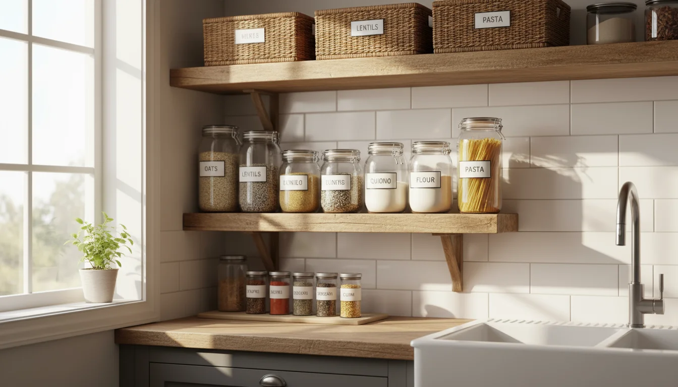 A sunlit, organized pantry shelf with clear glass jars and wicker baskets, brightened by light from a window with clean white blinds.