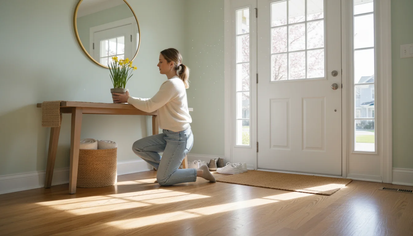 A sunlit, spring-cleaned entryway with a person placing a daffodil on an organized console table next to a tidy shoe rack.