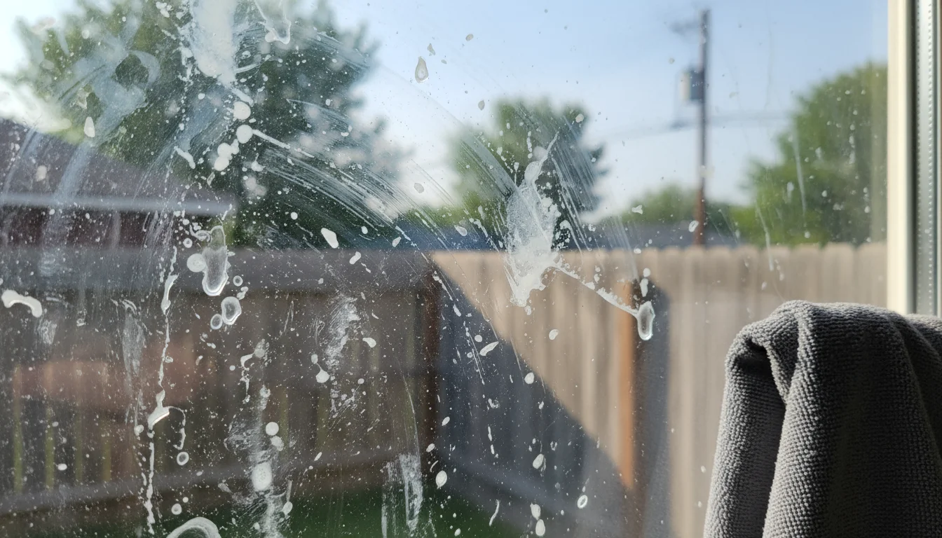 Close-up of a sunlit window pane covered in visible dried streaks and hard water spots. A blurred microfiber cloth and spray bottle are in the foregro
