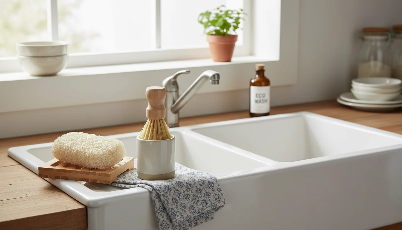 Sustainable dishwashing tools: wooden brush, loofah sponge, Swedish dishcloth, and solid soap bar arranged by a clean kitchen sink, bathed in natural 