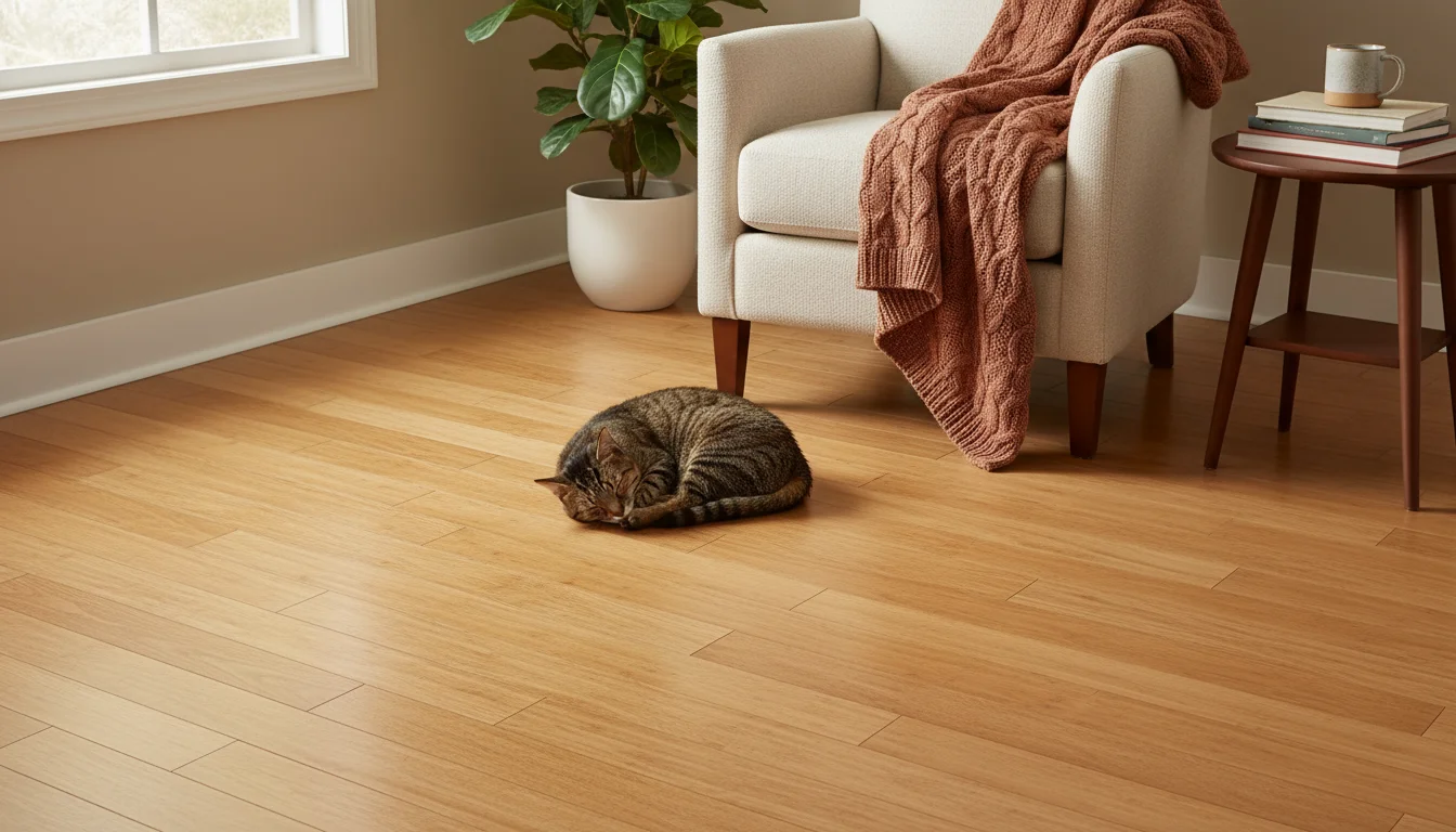 A tabby cat naps peacefully on a light amber strand-woven bamboo floor in a tidy living room. The floor's grain is visible.