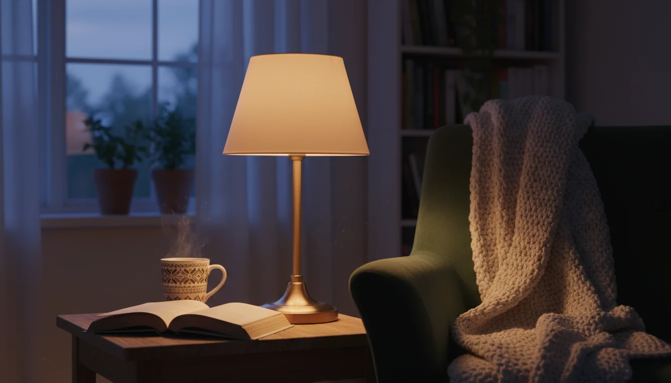 A table lamp casts a warm glow on an open book, mug, and blanket in a cozy armchair nook at dusk, showing good placement.
