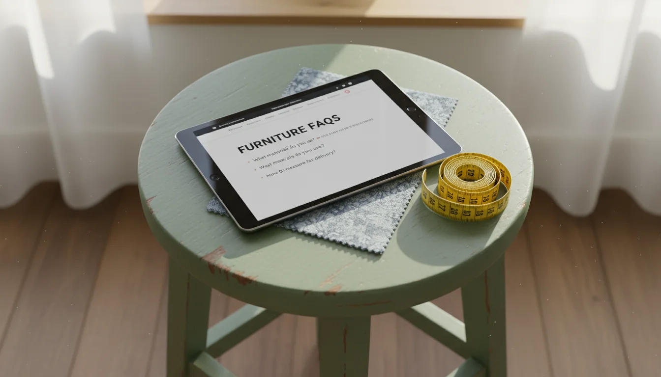 Overhead view of a tablet showing furniture FAQs on a painted wooden stool, with a measuring tape and fabric swatch.