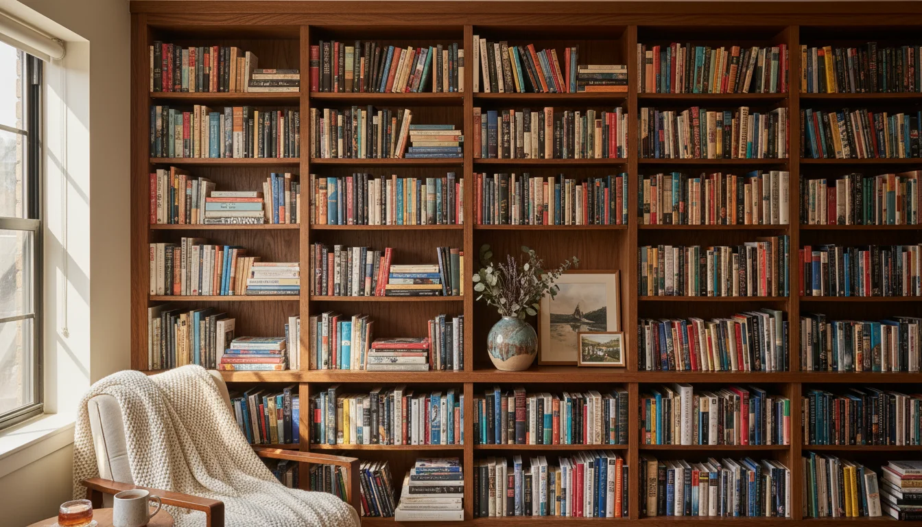 A tall, densely packed wooden bookshelf filled with various books, creating a cozy and functional sound barrier in an apartment.