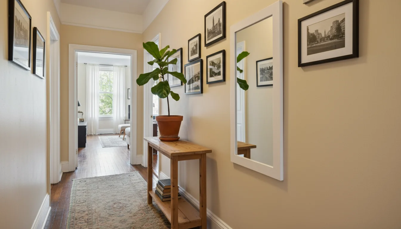 A tall mirror in a narrow hallway reflects natural light from a doorway, making the space appear wider and brighter. A small plant sits on a console b