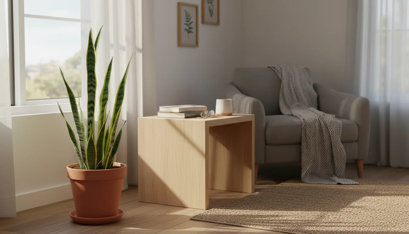 A tall snake plant in a simple terracotta pot sits on the floor in a bedroom corner next to a wooden bedside table with a book and mug.