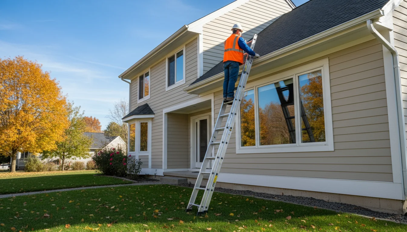 A tall, sturdy ladder against a two-story house, with a worker in safety gear near the roof, implying professional gutter cleaning.