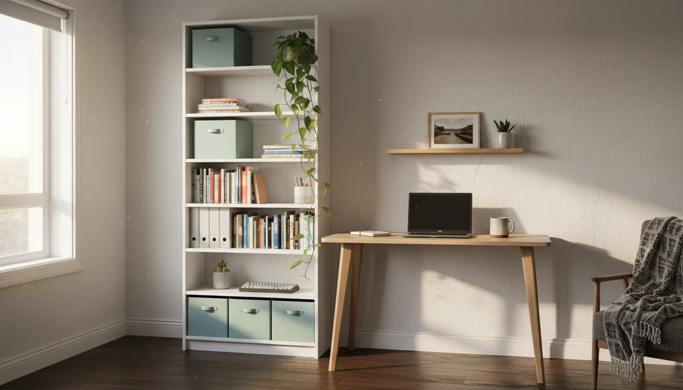 A tall white bookshelf and small floating shelf above a desk organize a cozy home office nook, using vertical space.