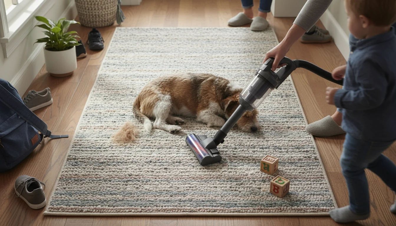 Elevated view of a tan medium-pile rug. A sleeping dog and toy block are on it. A hand holds a handheld vacuum nearby, ready to clean.