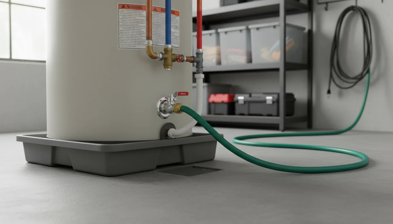 Close-up of a tank-style water heater's lower section showing the chrome drain valve connected to a garden hose for flushing.