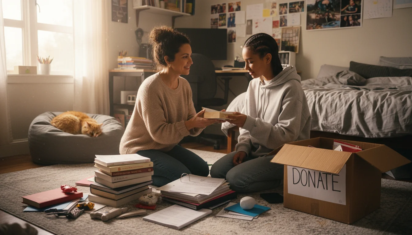 A teenager kneels on a rug in their sunlit bedroom, thoughtfully sorting items near a desk, while a parent stands in the doorway, gently observing.