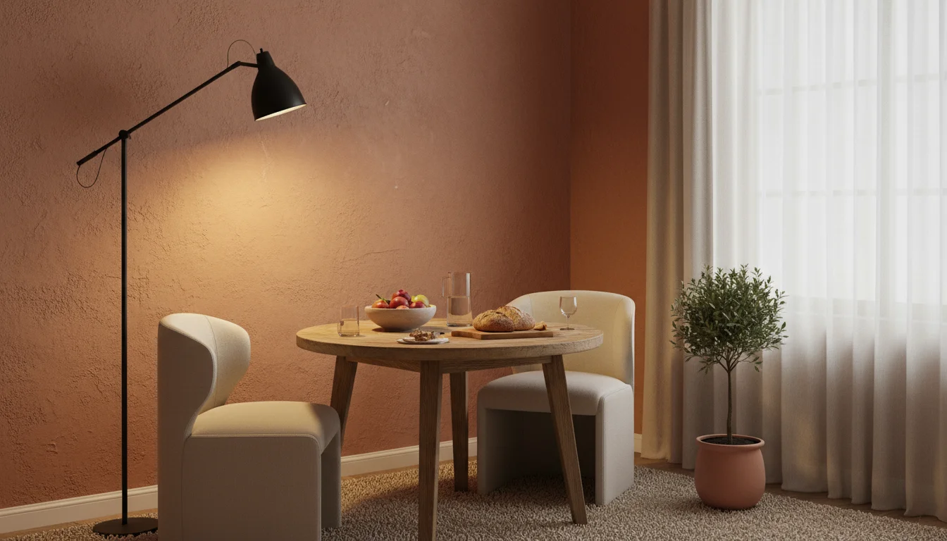 A terracotta textured accent wall illuminated by a floor lamp, highlighting its color and texture, with an unlit picture light above a print.