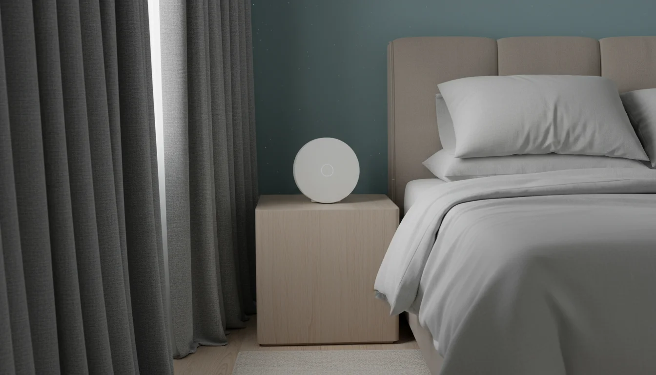 Thick bedroom curtains partially drawn, next to a bed with breathable linen sheets and a small white noise machine on a simple bedside table.