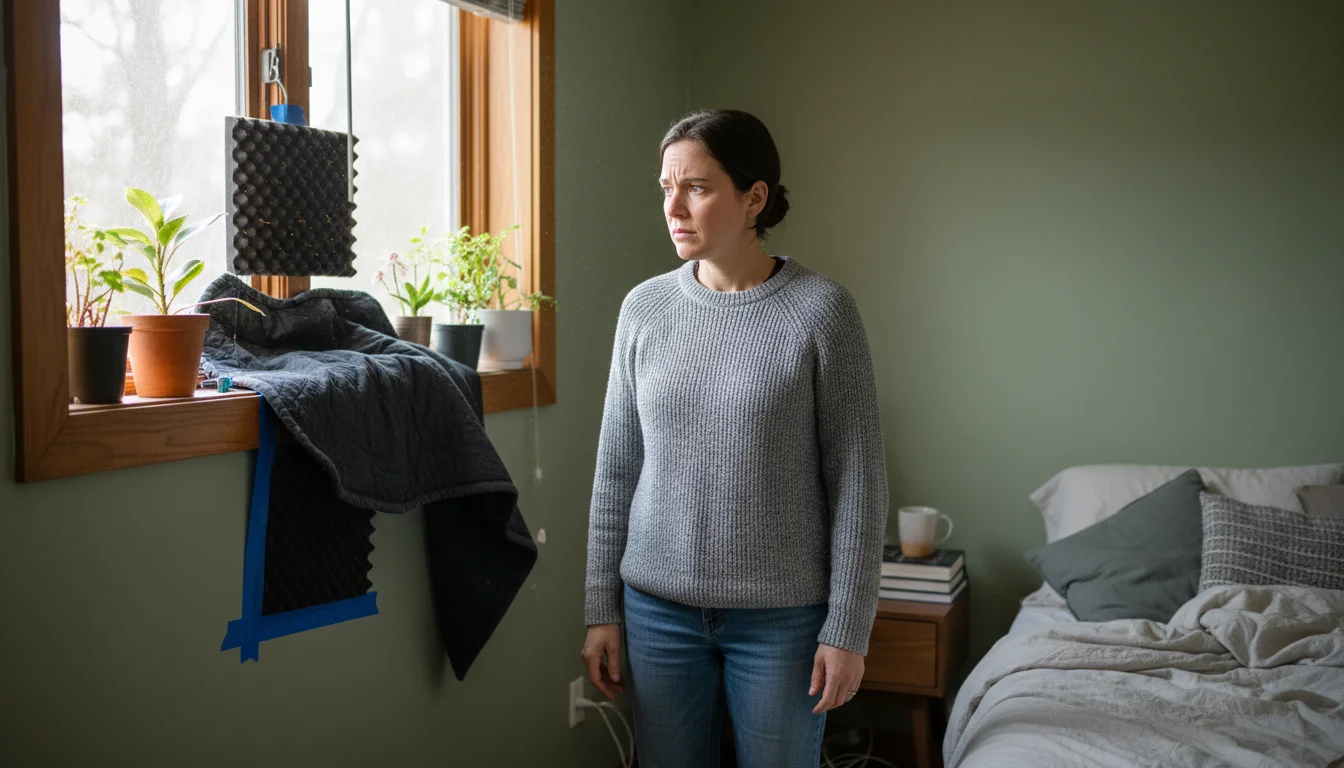 A thoughtful homeowner inspects a partially exposed wall near a window in their bedroom, holding a tablet with complex diagrams.