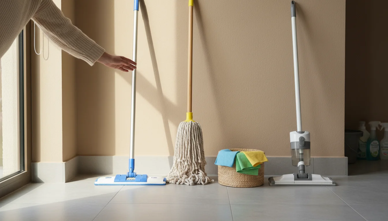 Three different types of mops (microfiber, string, spray) neatly arranged against a wall, with a hand reaching towards one.