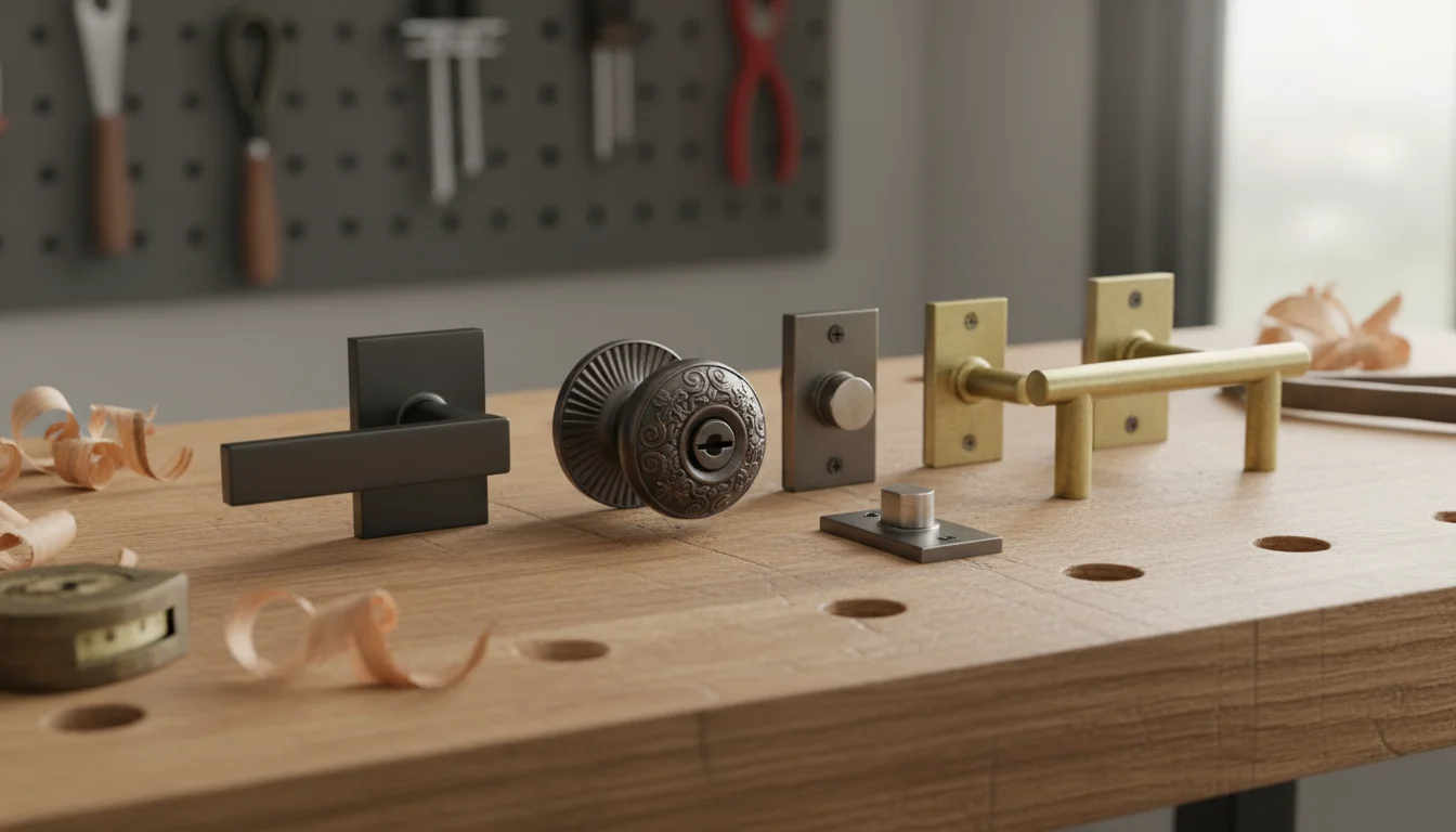 Three distinct door hardware sets (matte black lever, oil-rubbed bronze knob, brushed brass pull) arranged on a wooden surface.