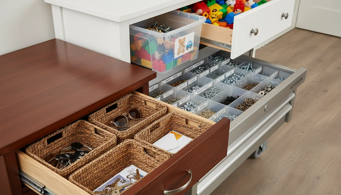 Three distinct, partially open specialty drawers: an entryway drawer with keys, a garage drawer with hardware, and a child's toy drawer.