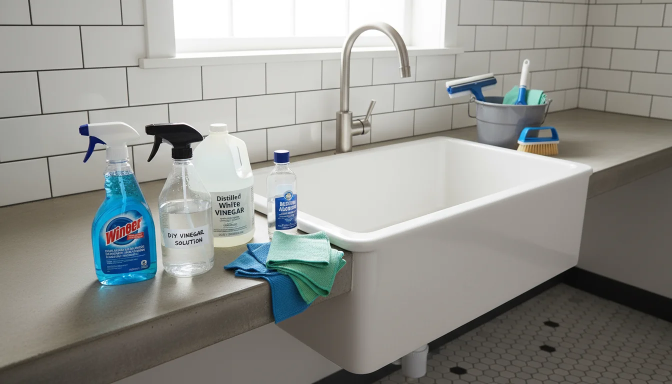 Three distinct window cleaning solution options arranged on a practical utility counter: commercial spray, DIY vinegar solution, and rubbing alcohol.