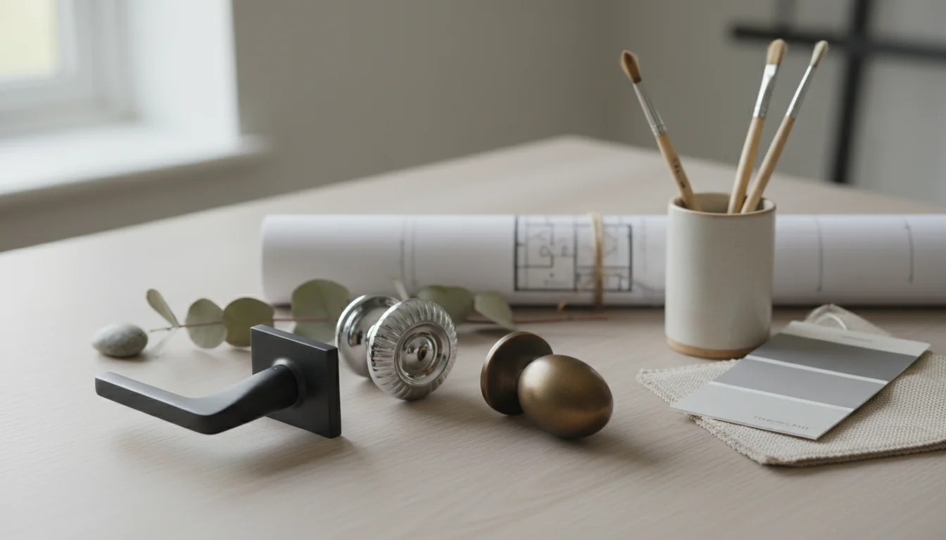 Three diverse door hardware options—matte black lever, chrome knob, bronze knob—displayed with fabric, paint, and metal samples on a light wood table,