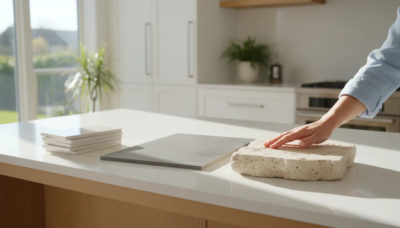 Three diverse tile samples (ceramic, porcelain, travertine) displayed on a kitchen island, with a hand touching one.