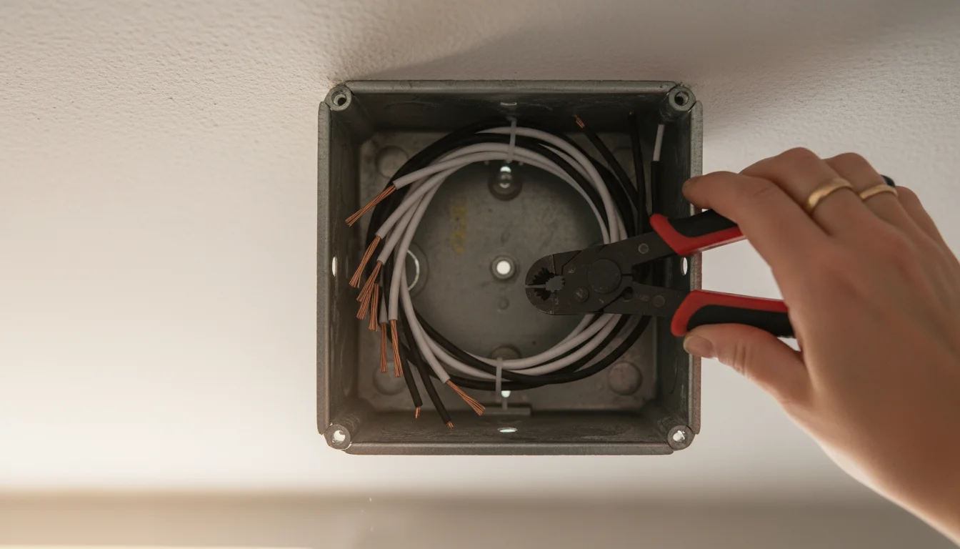 A close-up of three electrical wires (black, white, bare copper) emerging from a ceiling junction box, with a hand holding a wire stripper.
