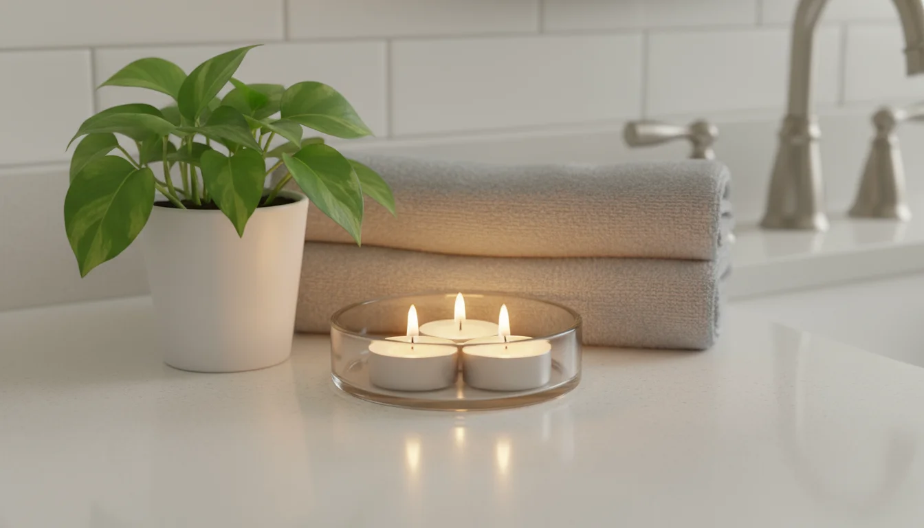 Three glowing tea lights in a glass dish next to a small green plant on a light-colored bathroom counter, with a folded grey towel.