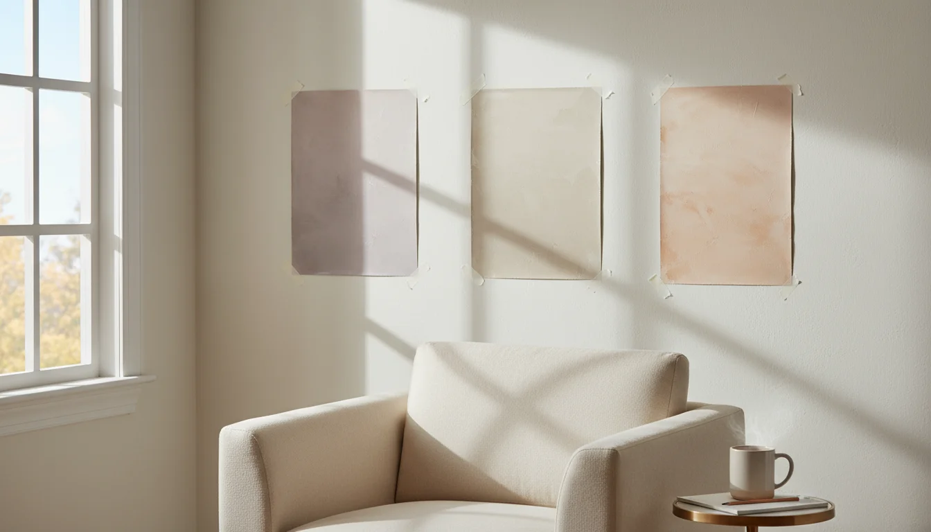 Three large, hand-painted neutral paint sample boards taped to a sunlit living room wall, showing subtle undertones.