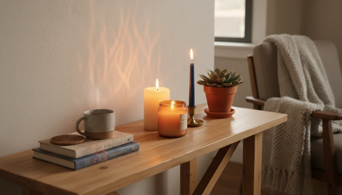 Three lit candles of varying heights and types on a wooden console table, styled with books, a mug, and a succulent, creating a warm glow.