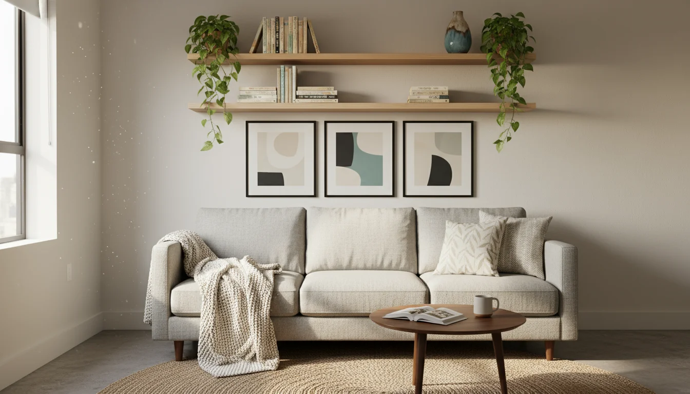 Eye-level view of three natural wood floating shelves above a sofa in a small apartment, displaying books, potted plants, and a ceramic pen holder.